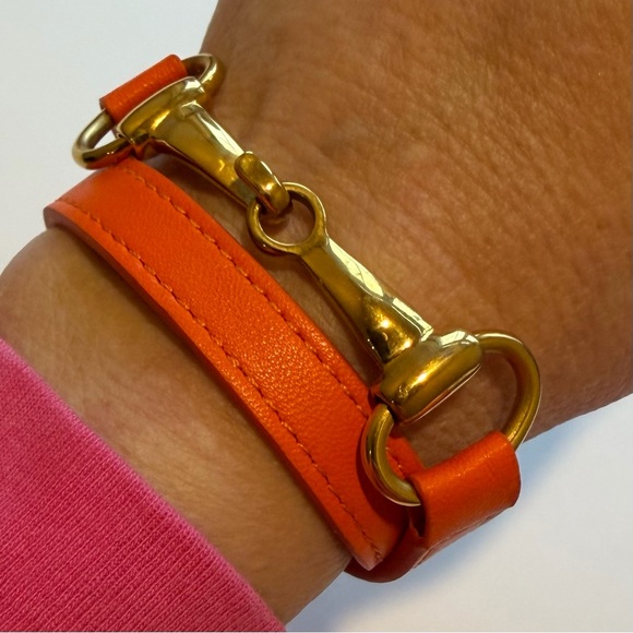 Leather Equestrian Snaffle Horse Bit Design Double Wrap Bracelet ~ Orange Gold - Picture 6 of 12
